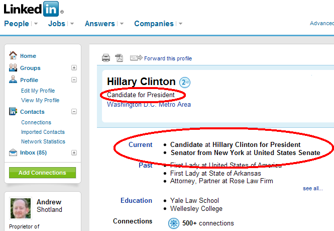 Senator Hillary Clinton LinkedIn Profile