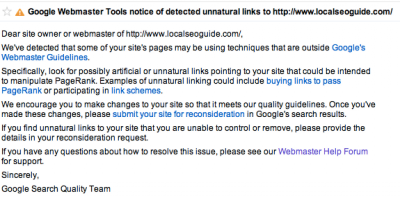 Google Unnatural Links Message