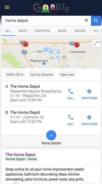 Home Depot Mobile SERP