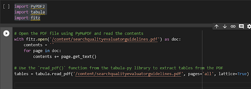 Screenshot of code to extract the tables from the QRG pdf